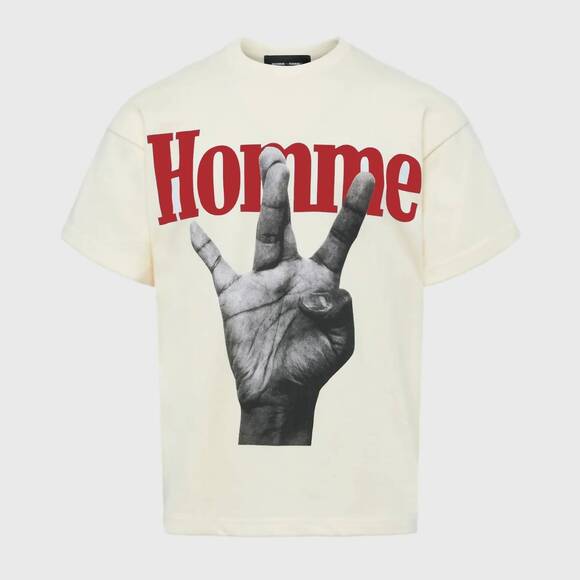 NEW HOMME + FEMME men's twisted fingers crewneck tee in cream/red